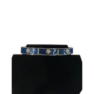 Fashion Leader Navy Blue Enamel Lion Head Gold Tone Stretch Panel Bracelet